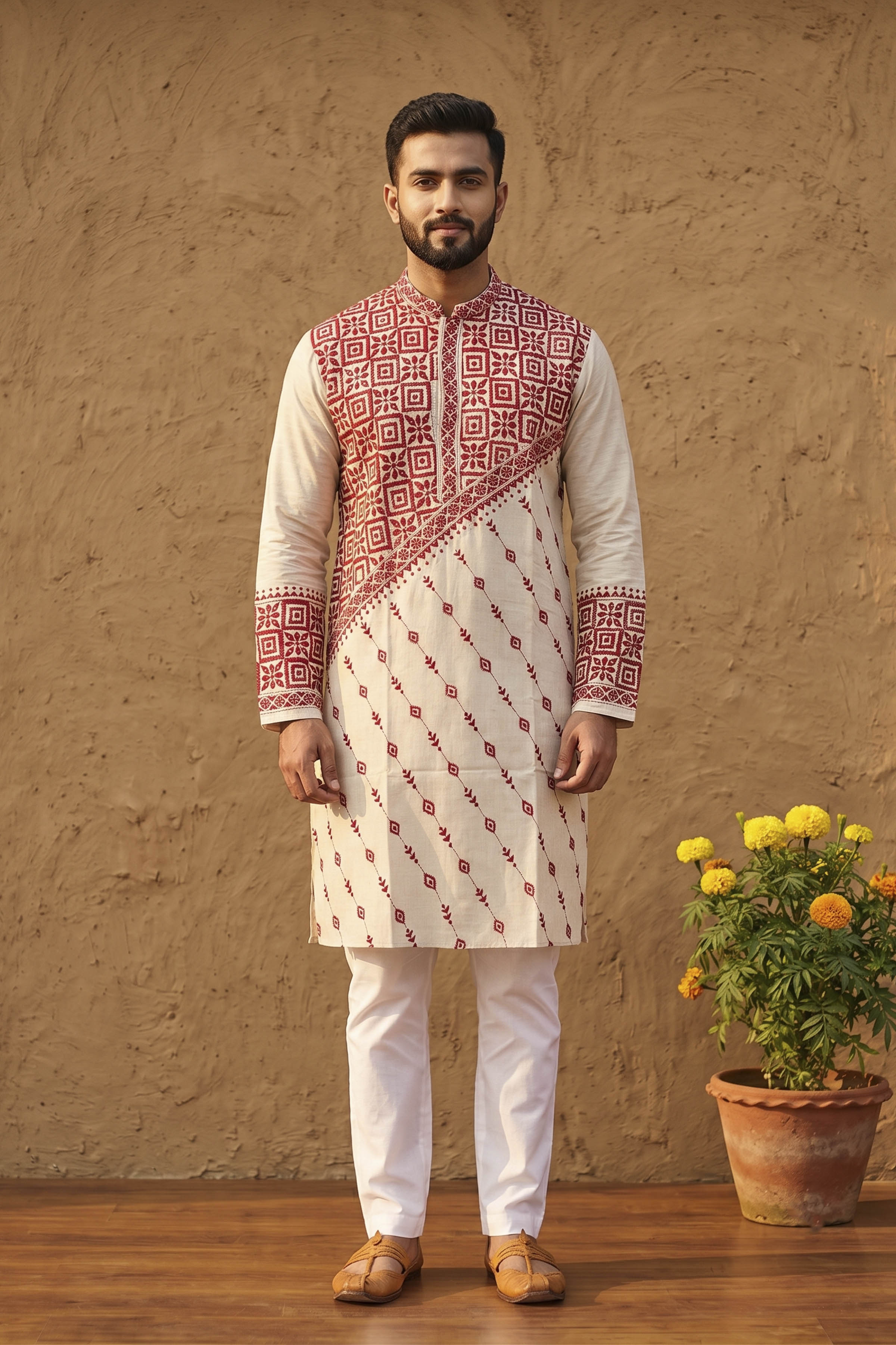 Beige Pure Tussar with Kantha Work (Hand Embroidery) Panjabi KP26388
