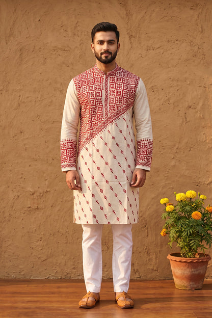 Beige Pure Tussar with Kantha Work (Hand Embroidery) Panjabi KP26388
