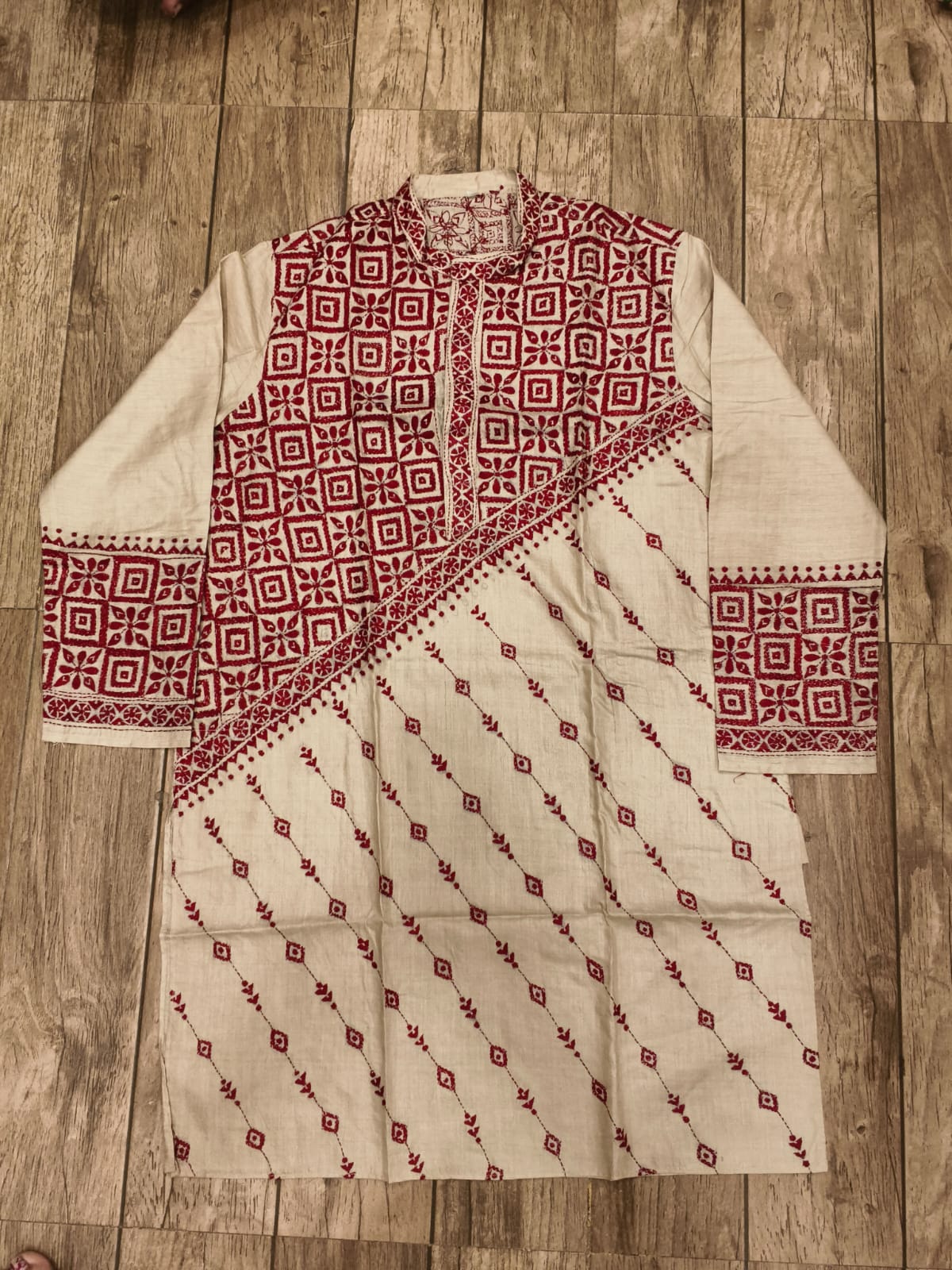 Beige Pure Tussar with Kantha Work (Hand Embroidery) Panjabi KP26388