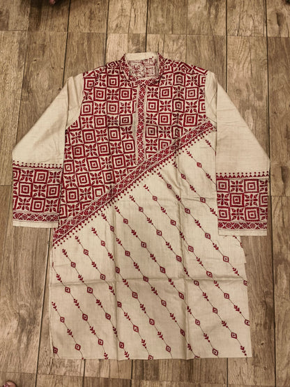 Beige Pure Tussar with Kantha Work (Hand Embroidery) Panjabi KP26388