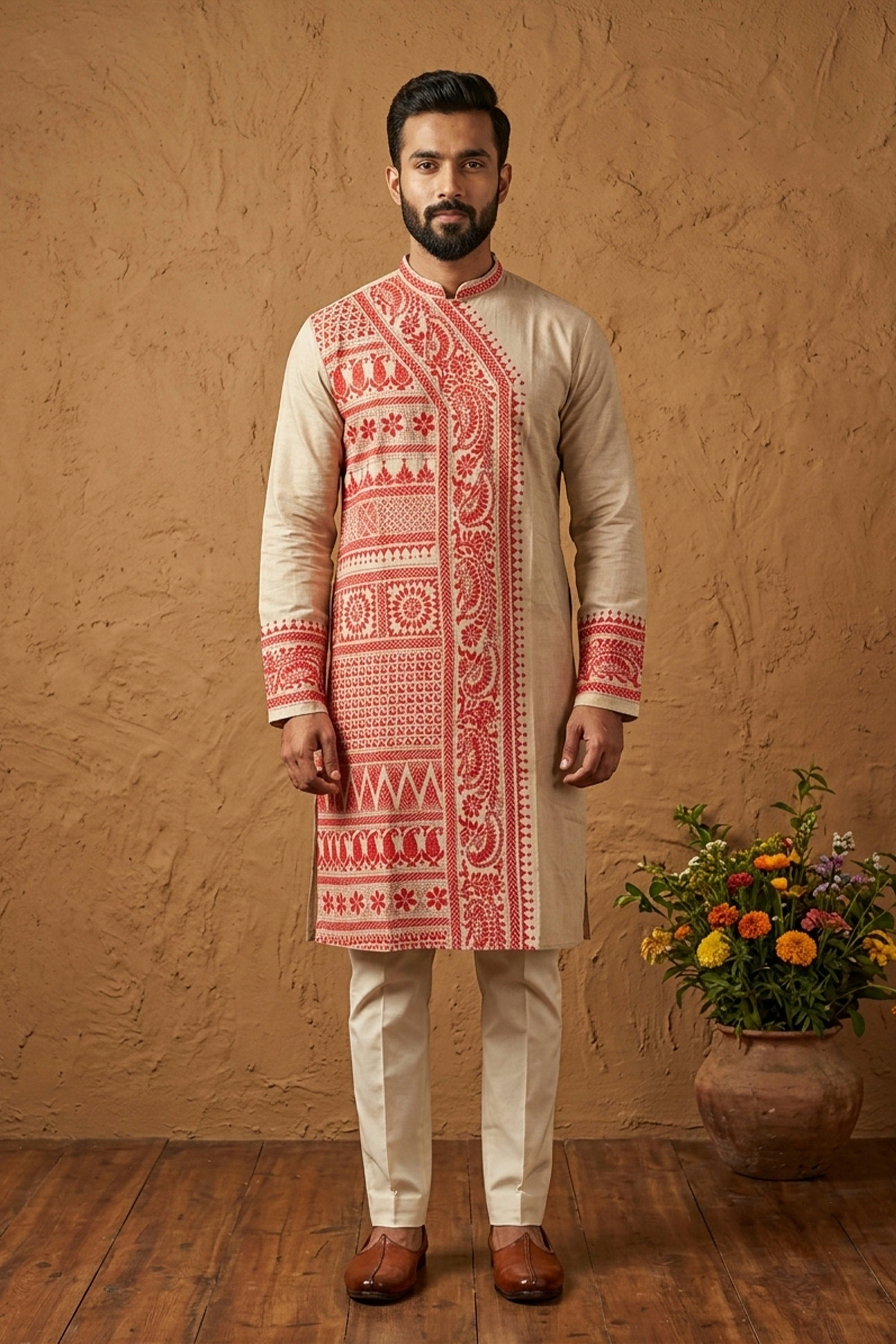 Beige Pure Tussar with Kantha Work (Hand Embroidery) Panjabi KP26389