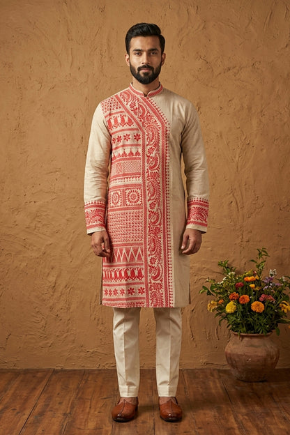 Beige Pure Tussar with Kantha Work (Hand Embroidery) Panjabi KP26389