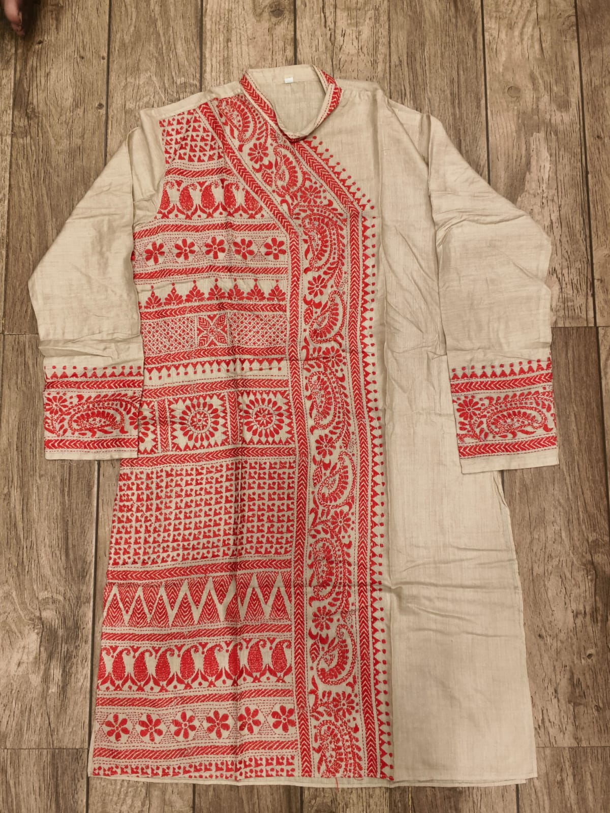 Beige Pure Tussar with Kantha Work (Hand Embroidery) Panjabi KP26389