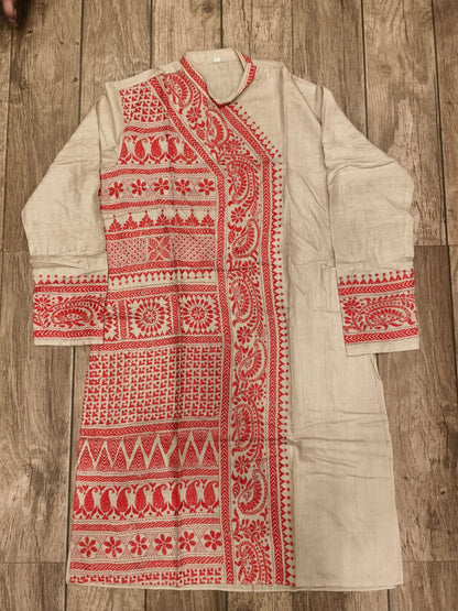 Beige Pure Tussar with Kantha Work (Hand Embroidery) Panjabi KP26389