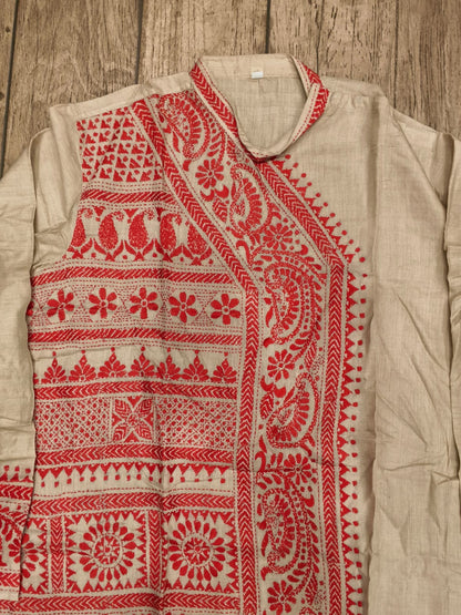 Beige Pure Tussar with Kantha Work (Hand Embroidery) Panjabi KP26389