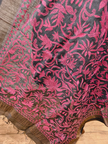 Zari Border Pure Tussar Kantha Stitch Dupatta SN26KD37