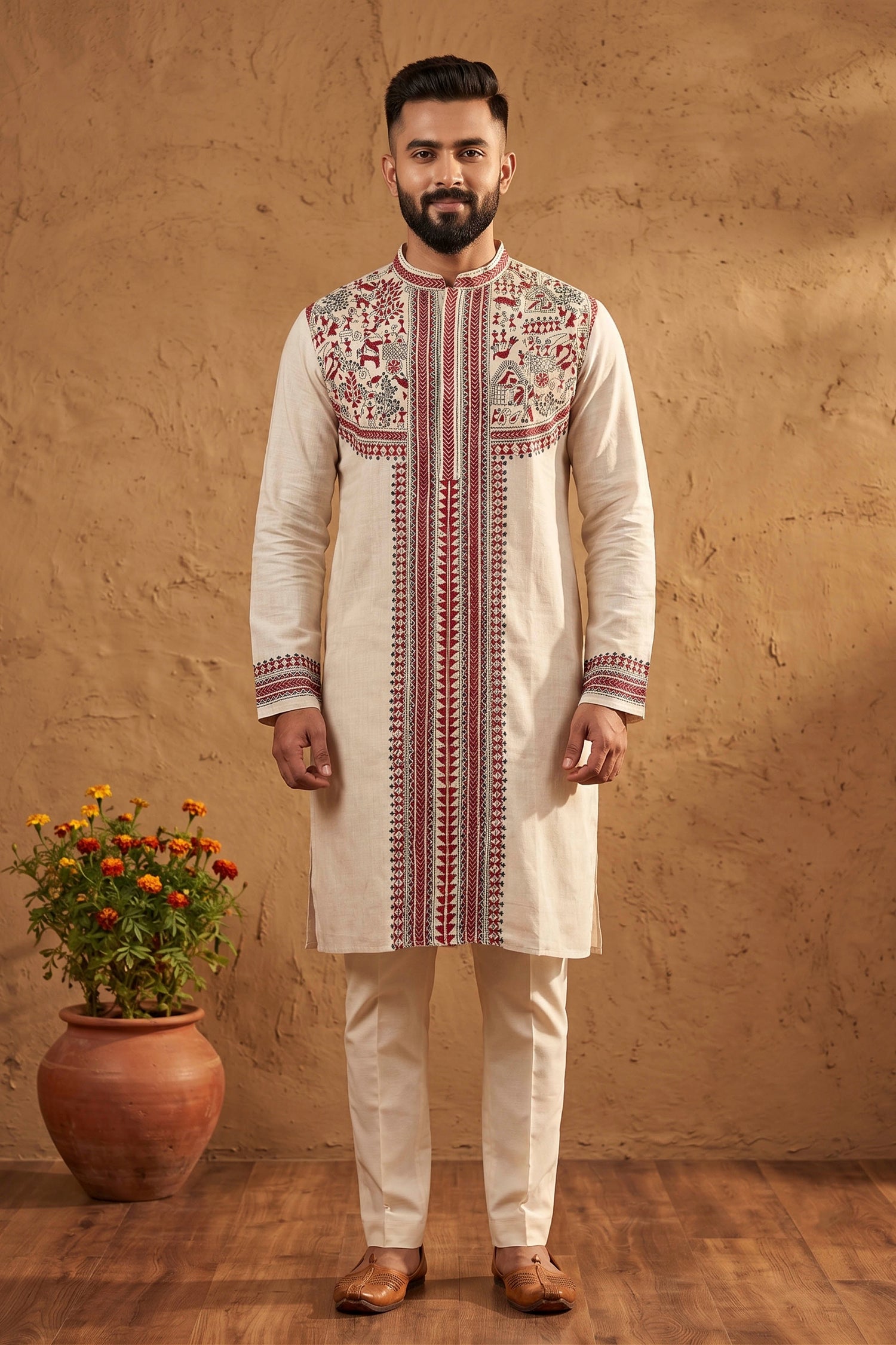 Beige Pure Tussar with Kantha Work (Hand Embroidery) Panjabi KP26390