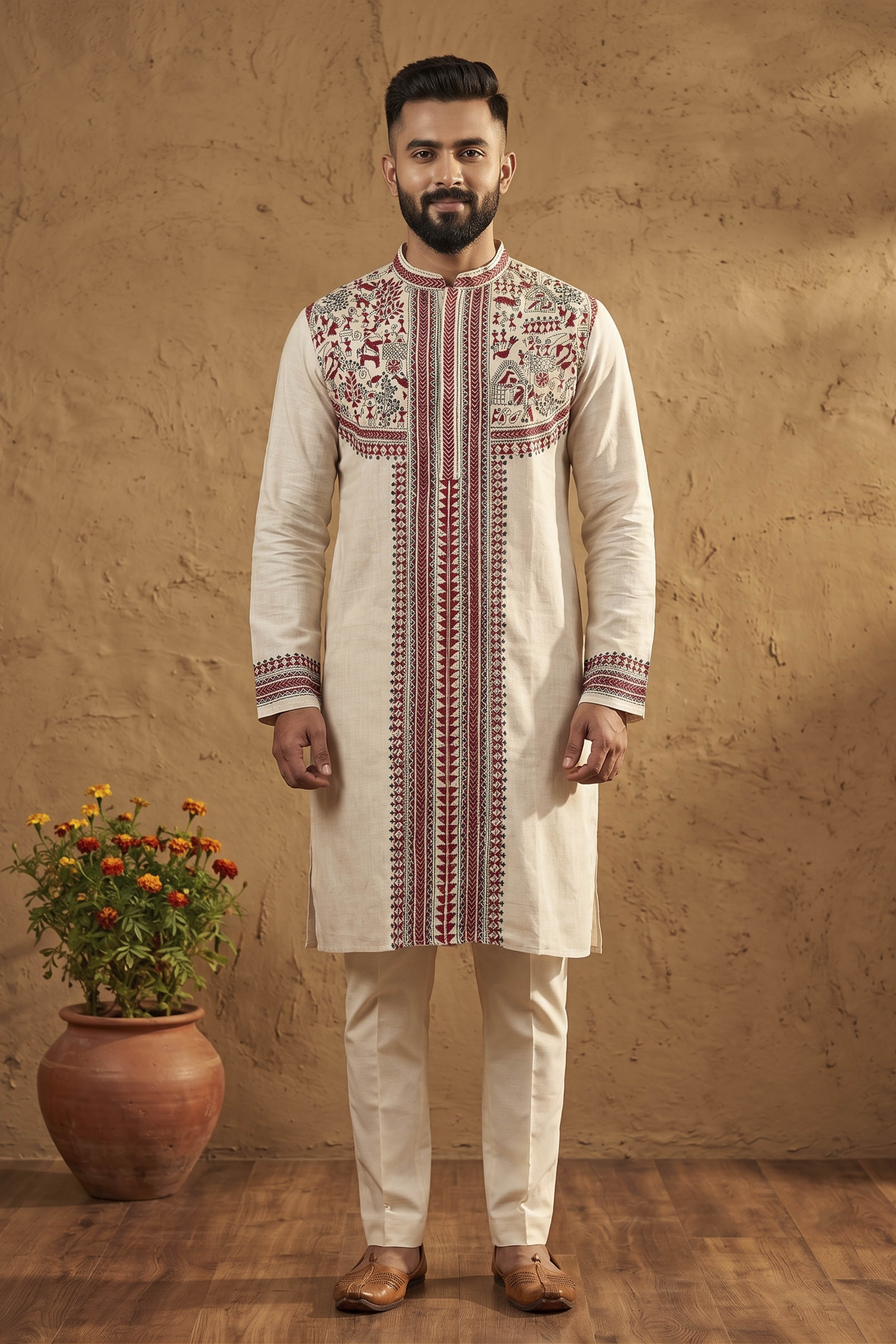 Beige Pure Tussar with Kantha Work (Hand Embroidery) Panjabi KP26390