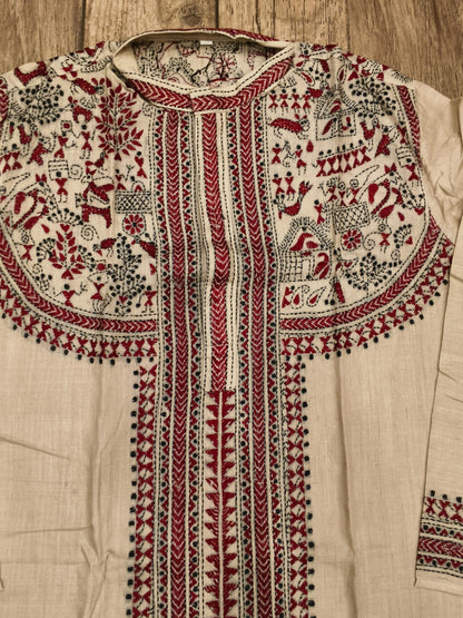 Beige Pure Tussar with Kantha Work (Hand Embroidery) Panjabi KP26390