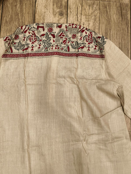 Beige Pure Tussar with Kantha Work (Hand Embroidery) Panjabi KP26390
