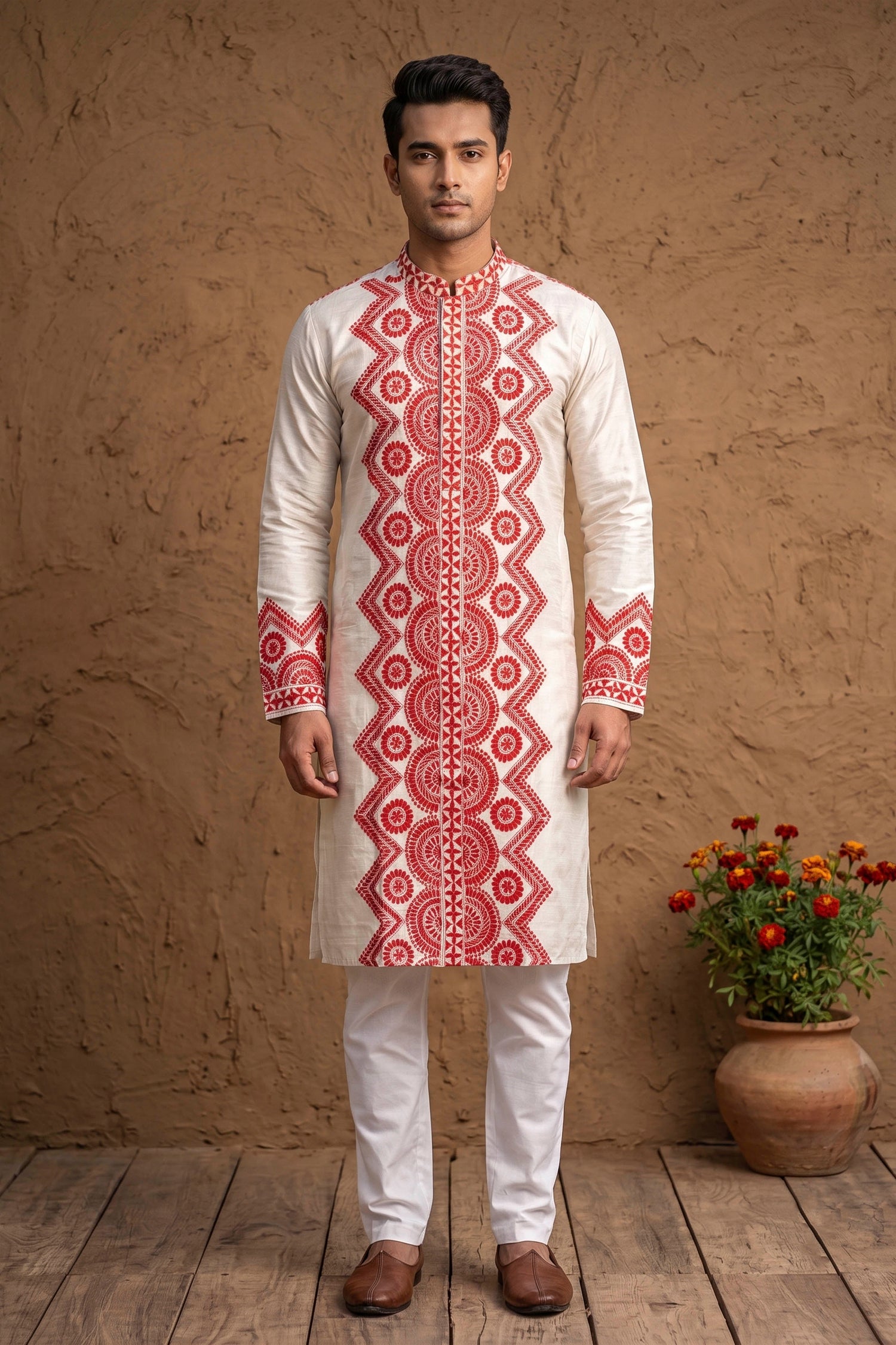 Beige Pure Tussar with Kantha Work (Hand Embroidery) Panjabi KP26391