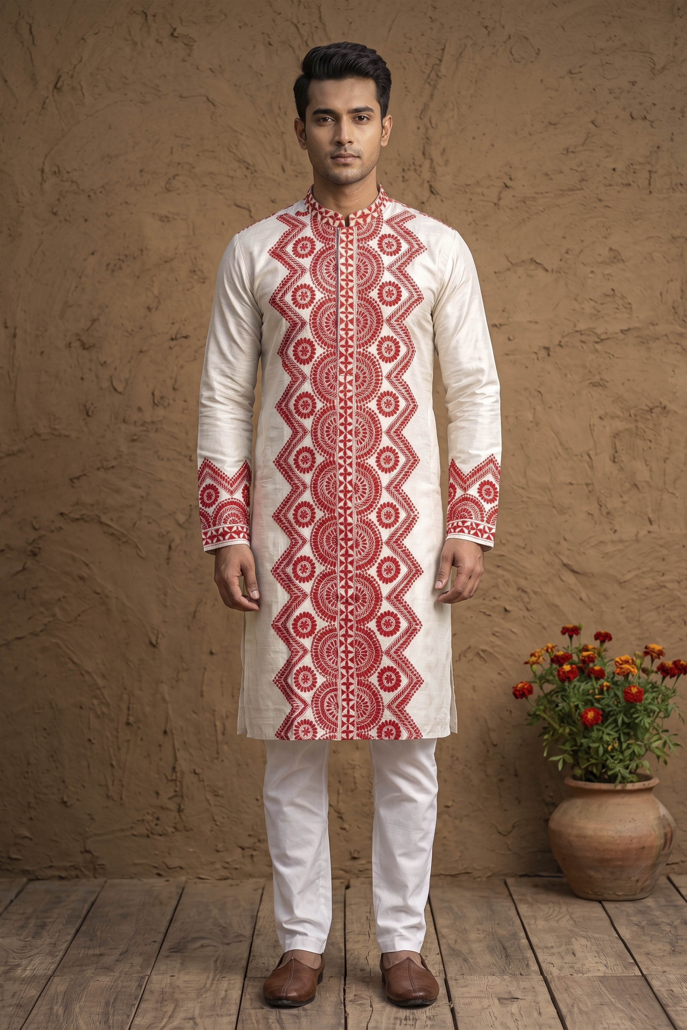 Beige Pure Tussar with Kantha Work (Hand Embroidery) Panjabi KP26391
