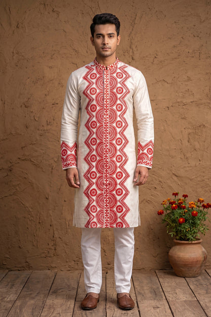 Beige Pure Tussar with Kantha Work (Hand Embroidery) Panjabi KP26391