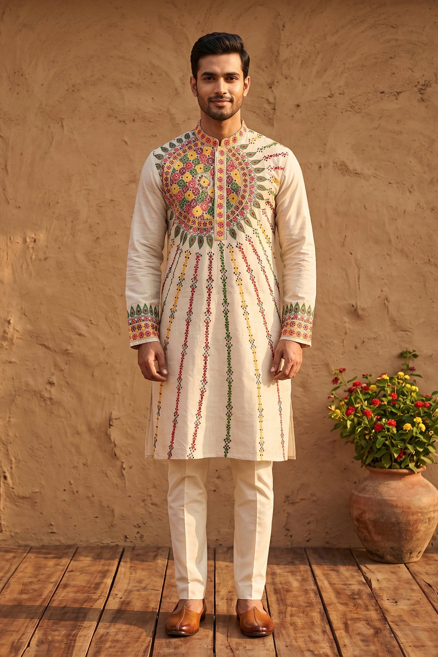 Beige Pure Tussar with Kantha Work (Hand Embroidery) Panjabi KP26392