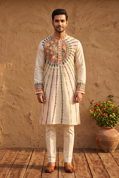 Beige Pure Tussar with Kantha Work (Hand Embroidery) Panjabi KP26392