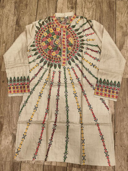Beige Pure Tussar with Kantha Work (Hand Embroidery) Panjabi KP26392
