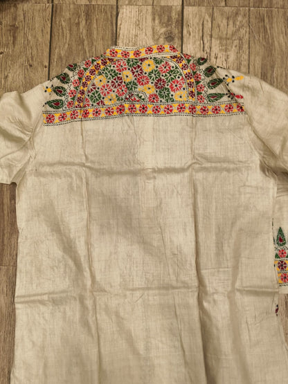 Beige Pure Tussar with Kantha Work (Hand Embroidery) Panjabi KP26392