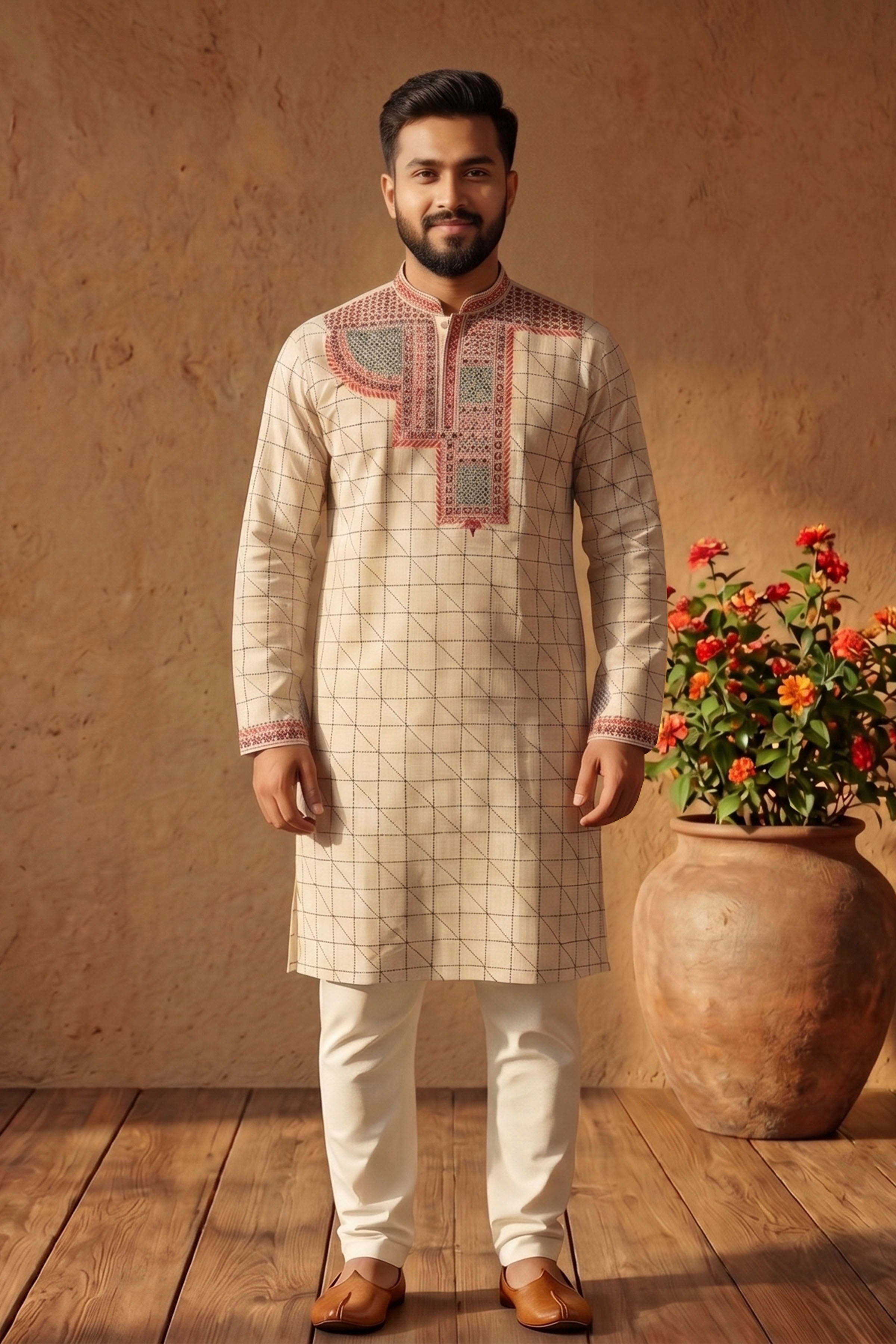 Beige Pure Tussar with Kantha Work (Hand Embroidery) Panjabi KP26393