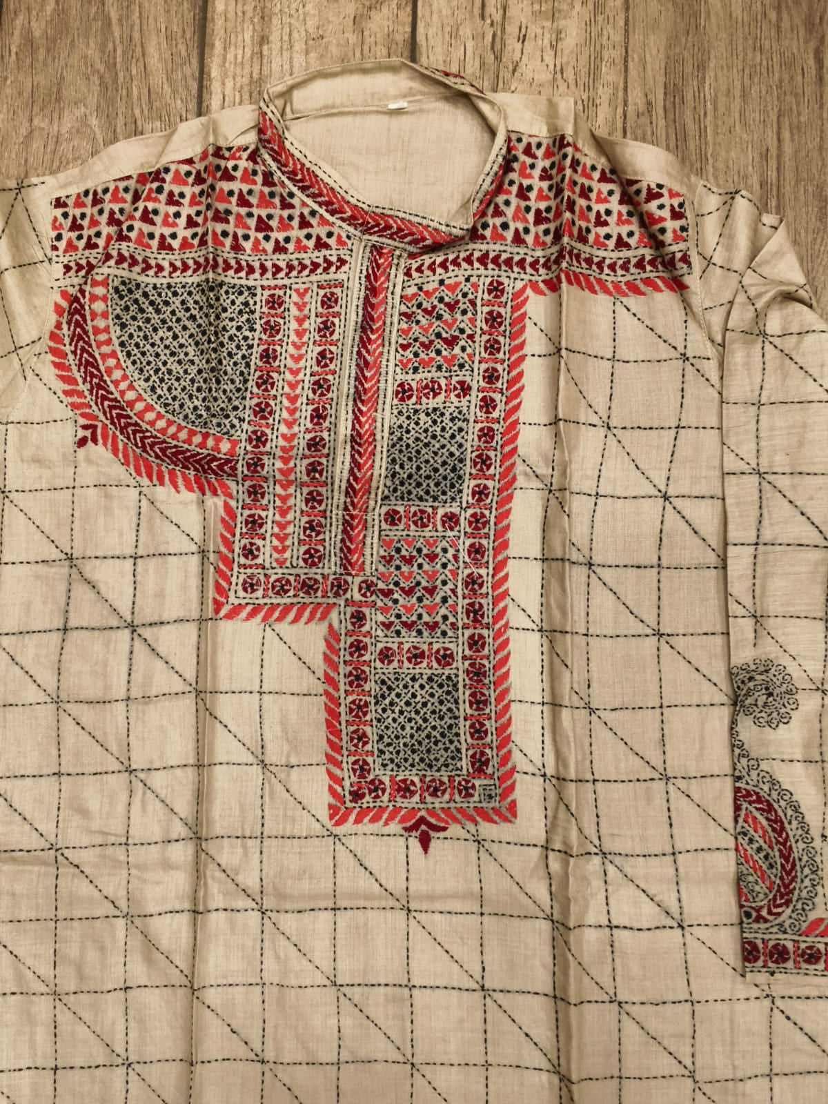 Beige Pure Tussar with Kantha Work (Hand Embroidery) Panjabi KP26393