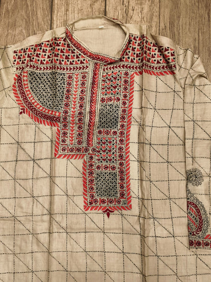 Beige Pure Tussar with Kantha Work (Hand Embroidery) Panjabi KP26393
