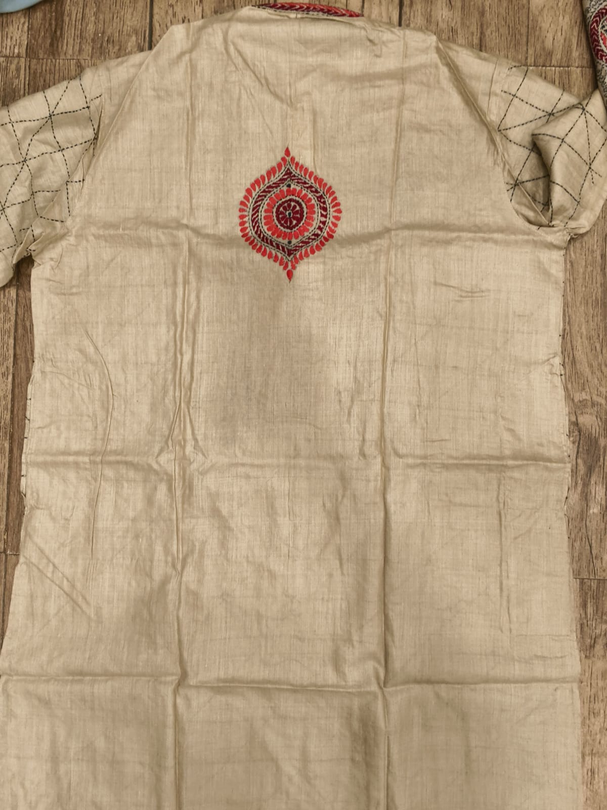 Beige Pure Tussar with Kantha Work (Hand Embroidery) Panjabi KP26393