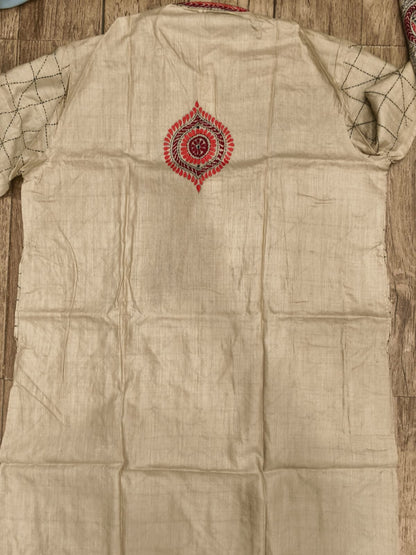 Beige Pure Tussar with Kantha Work (Hand Embroidery) Panjabi KP26393