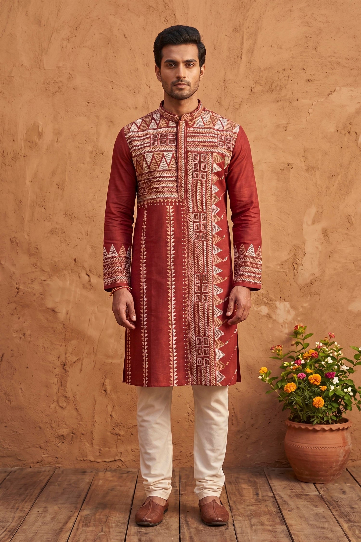 Red Pure Tussar with Kantha Work (Hand Embroidery) Panjabi KP26394