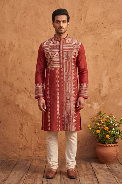 Red Pure Tussar with Kantha Work (Hand Embroidery) Panjabi KP26394