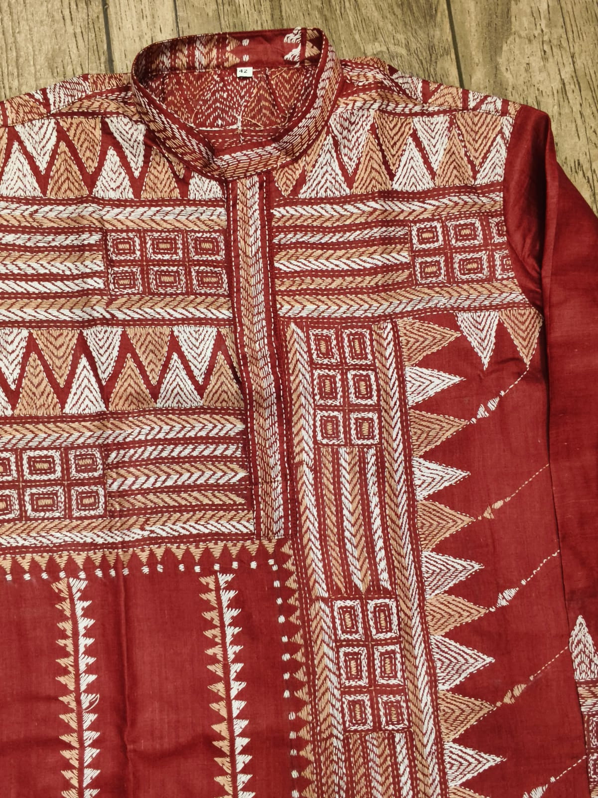Red Pure Tussar with Kantha Work (Hand Embroidery) Panjabi KP26394