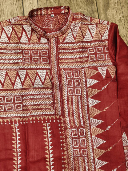 Red Pure Tussar with Kantha Work (Hand Embroidery) Panjabi KP26394