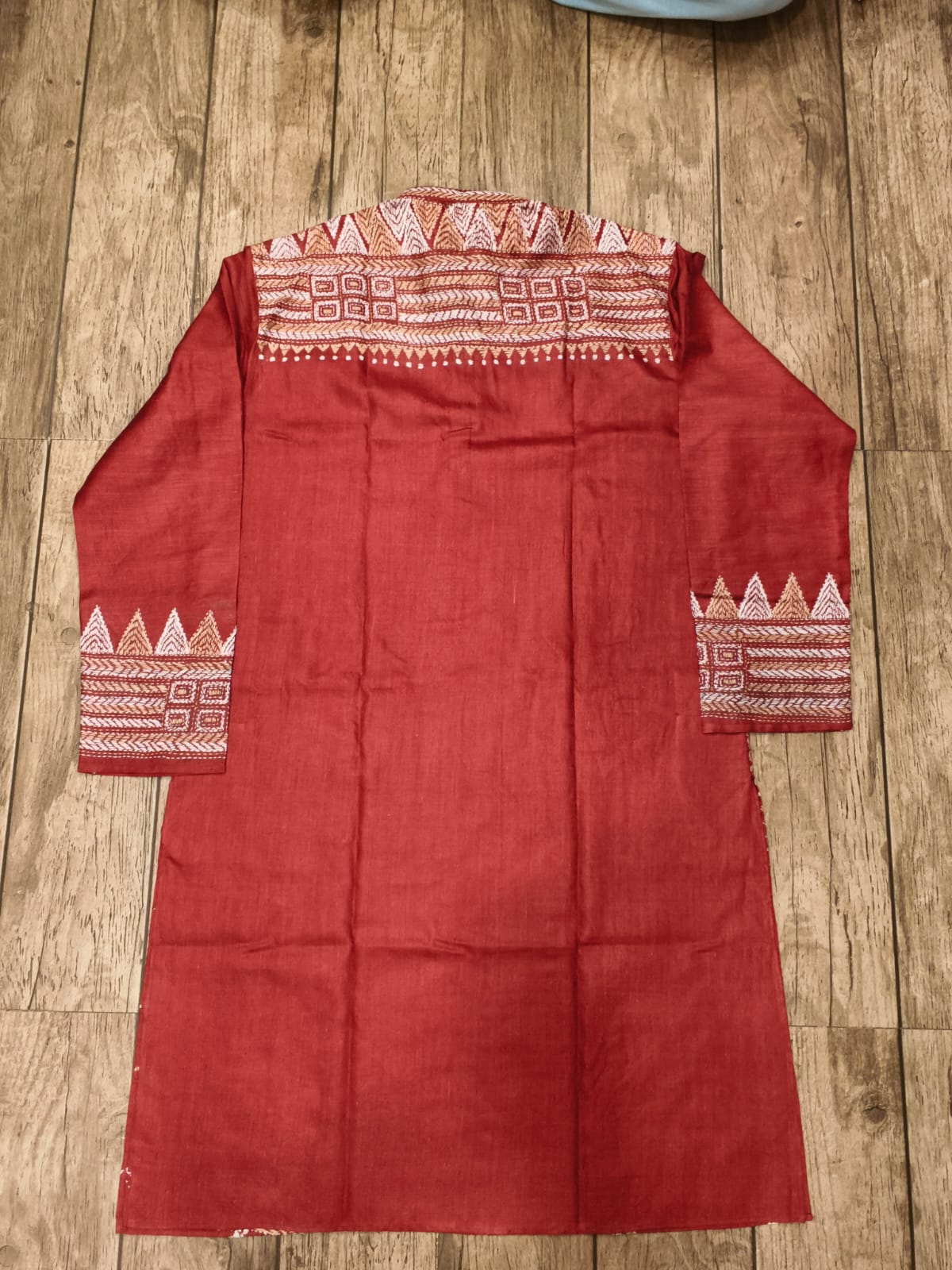 Red Pure Tussar with Kantha Work (Hand Embroidery) Panjabi KP26394