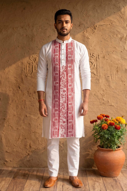 White Cotton Kantha Stitch (Hand Embroidery) Panjabi KP26395