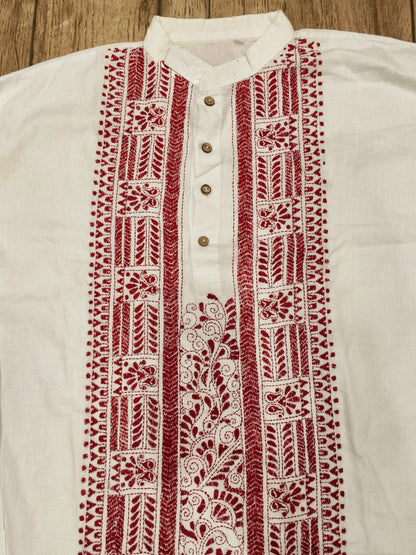 White Cotton Kantha Stitch (Hand Embroidery) Panjabi KP26395