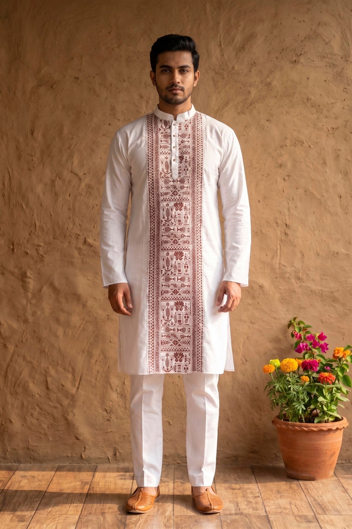 White Cotton Kantha Stitch (Hand Embroidery) Panjabi KP26398