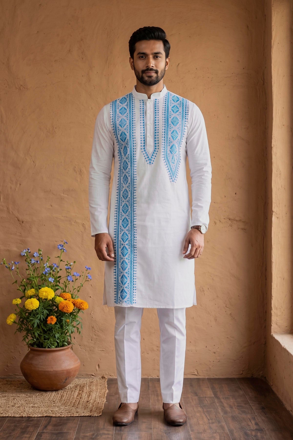 White Cotton Kantha Stitch (Hand Embroidery) Panjabi KP26399