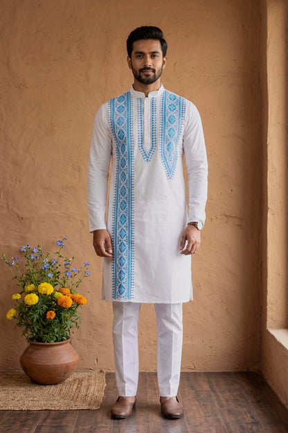 White Cotton Kantha Stitch (Hand Embroidery) Panjabi KP26399