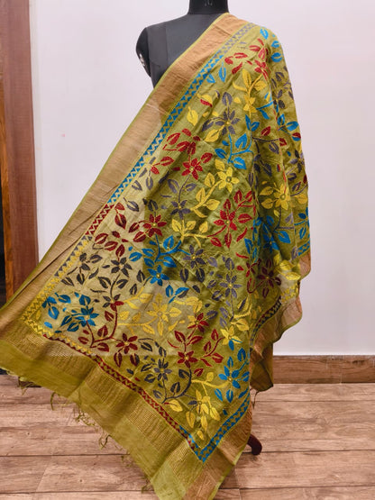 Zari Border Pure Tussar Kantha Stitch Dupatta SN26KD40