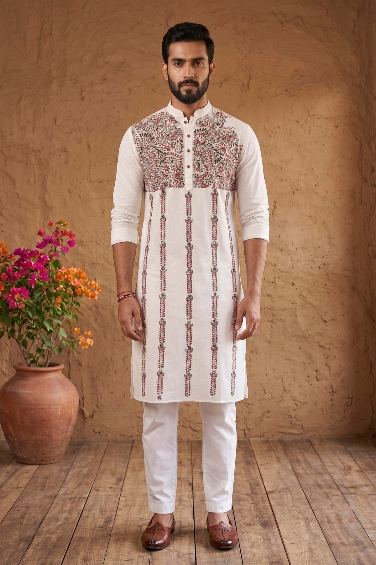 White Cotton Kantha Stitch (Hand Embroidery) Panjabi KP26400