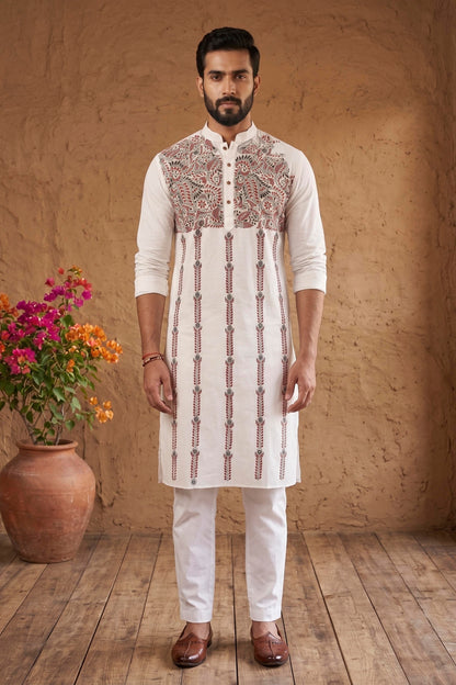 White Cotton Kantha Stitch (Hand Embroidery) Panjabi KP26400