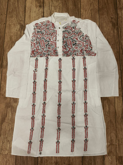 White Cotton Kantha Stitch (Hand Embroidery) Panjabi KP26400
