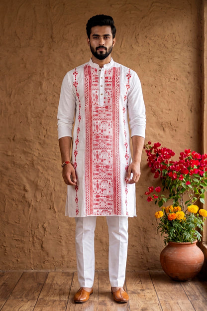 White Cotton Kantha Stitch (Hand Embroidery) Panjabi KP26401