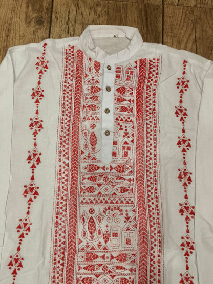 White Cotton Kantha Stitch (Hand Embroidery) Panjabi KP26401