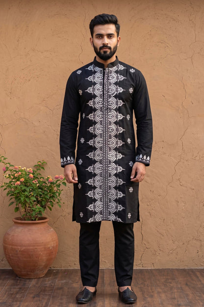 Black Cotton Kantha Stitch (Hand Embroidery) Panjabi KP26402