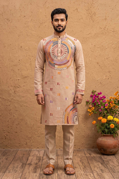 Beige Cotton Kantha Stitch (Hand Embroidery) Panjabi KP26403