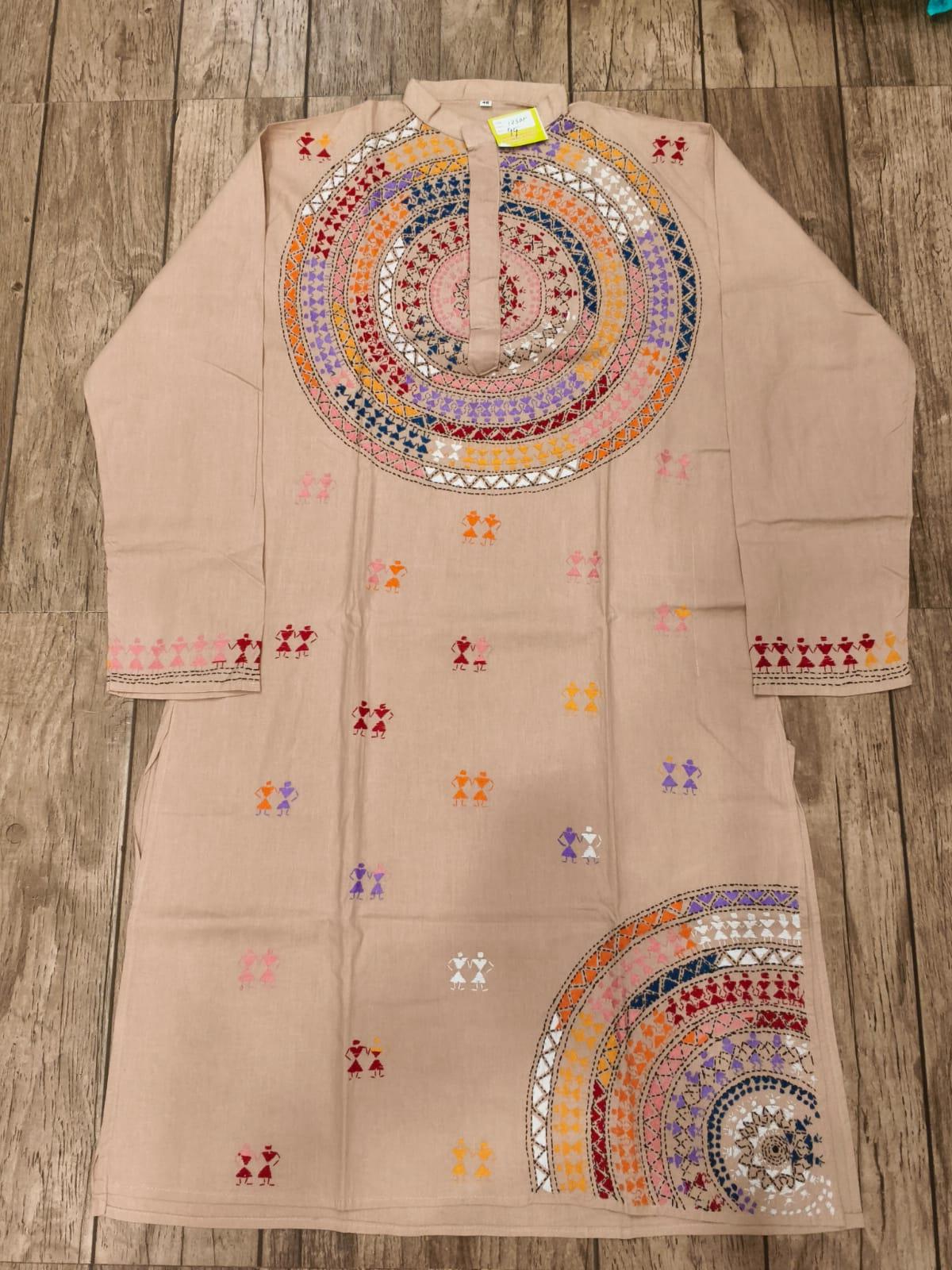 Beige Cotton Kantha Stitch (Hand Embroidery) Panjabi KP26403