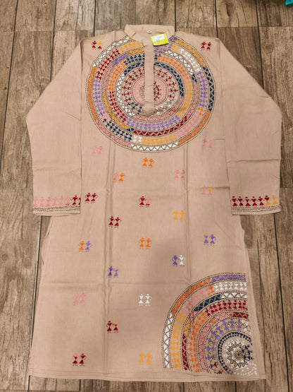 Beige Cotton Kantha Stitch (Hand Embroidery) Panjabi KP26403