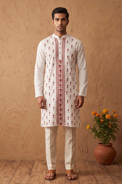 White Cotton Kantha Stitch (Hand Embroidery) Panjabi KP26404