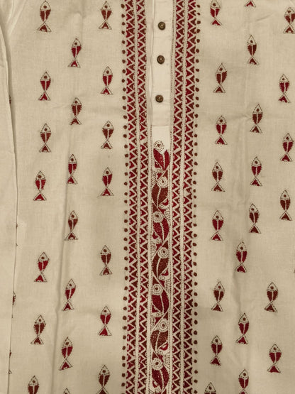 White Cotton Kantha Stitch (Hand Embroidery) Panjabi KP26404