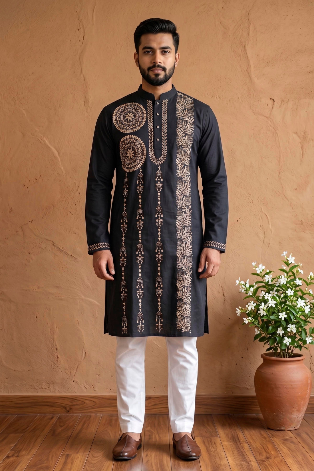 Black Cotton Kantha Stitch (Hand Embroidery) Panjabi KP26405
