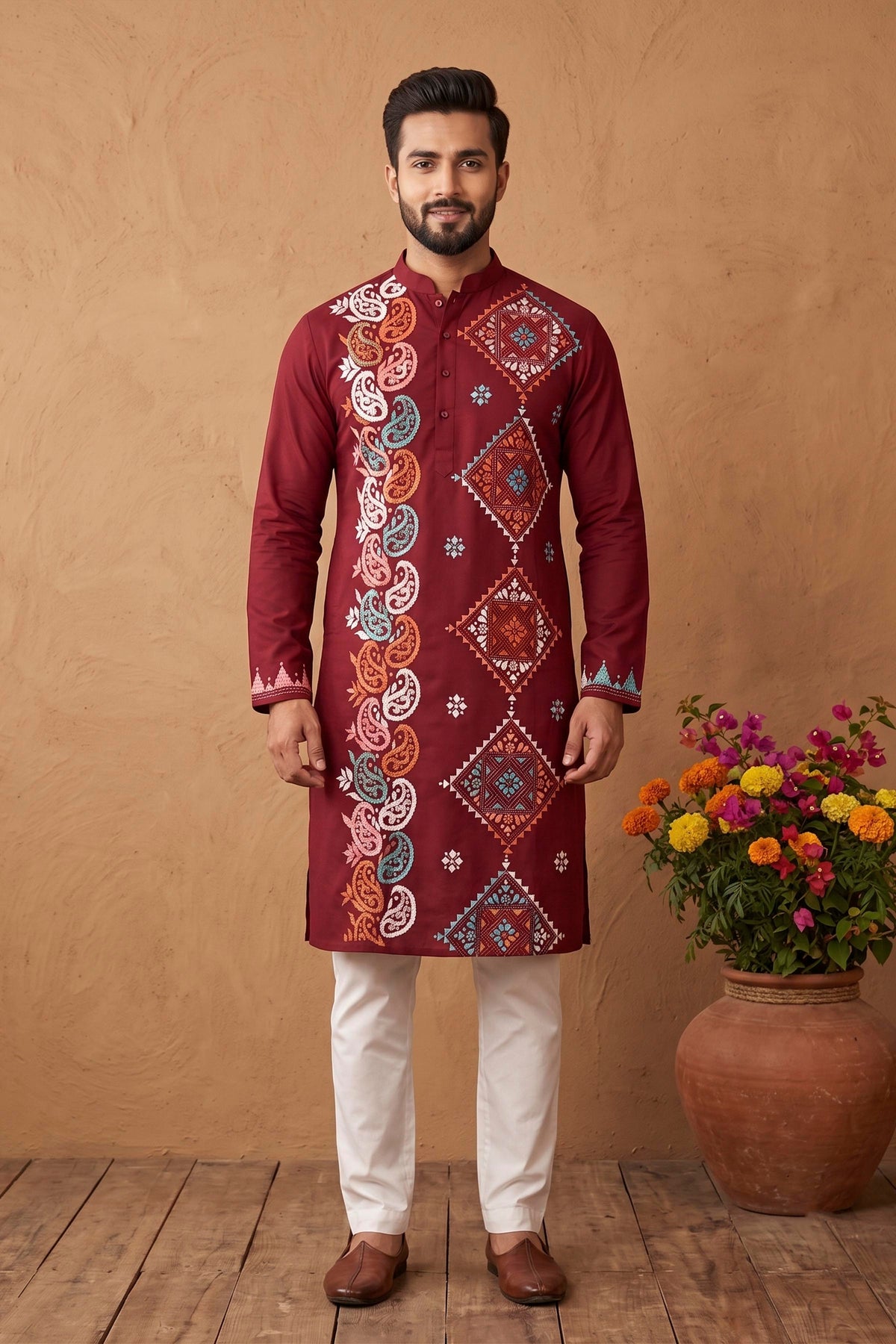 Red Cotton Kantha Stitch (Hand Embroidery) Panjabi KP26406